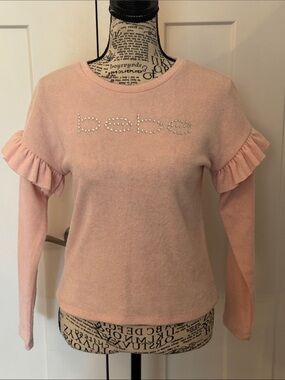 bebe Pink Crystal Logo Ruffle-Sleeve Sweater
